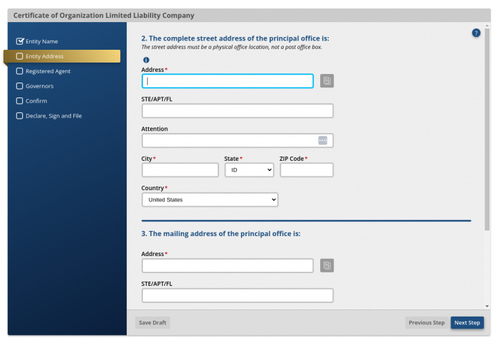 Screenshot showing the second step required to file the Certificate of Organization for an Idaho LLC. This step requires the street address and mailing address of the LLC's principal office. 