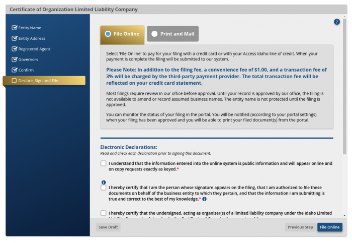 Screenshot showing the first step required to file the Certificate of Organization for an Idaho LLC. This final step requires an organizer's signature. 