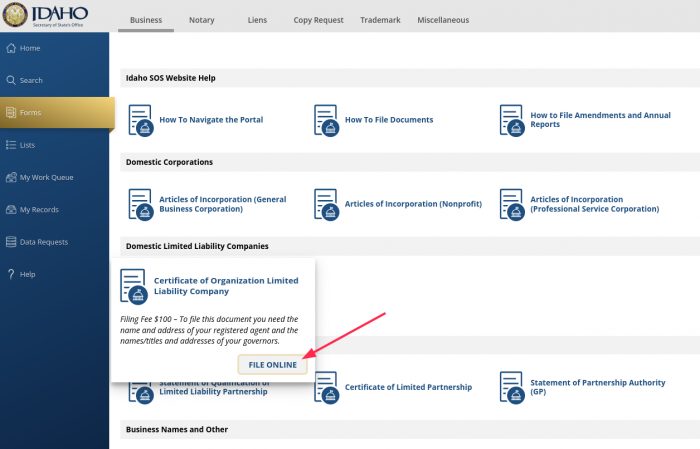 Screenshot showing where to find the Certificate of Organization filing document for Idaho LLCs.
