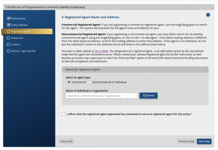 Screenshot showing the third step required to file the Certificate of Organization for an Idaho LLC. This step asks for information about the LLC's Idaho registered agent. 