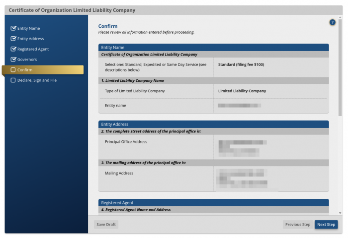 Screenshot showing the fifth step required to file the Certificate of Organization for an Idaho LLC. Review LLC information before submitting the filing. 